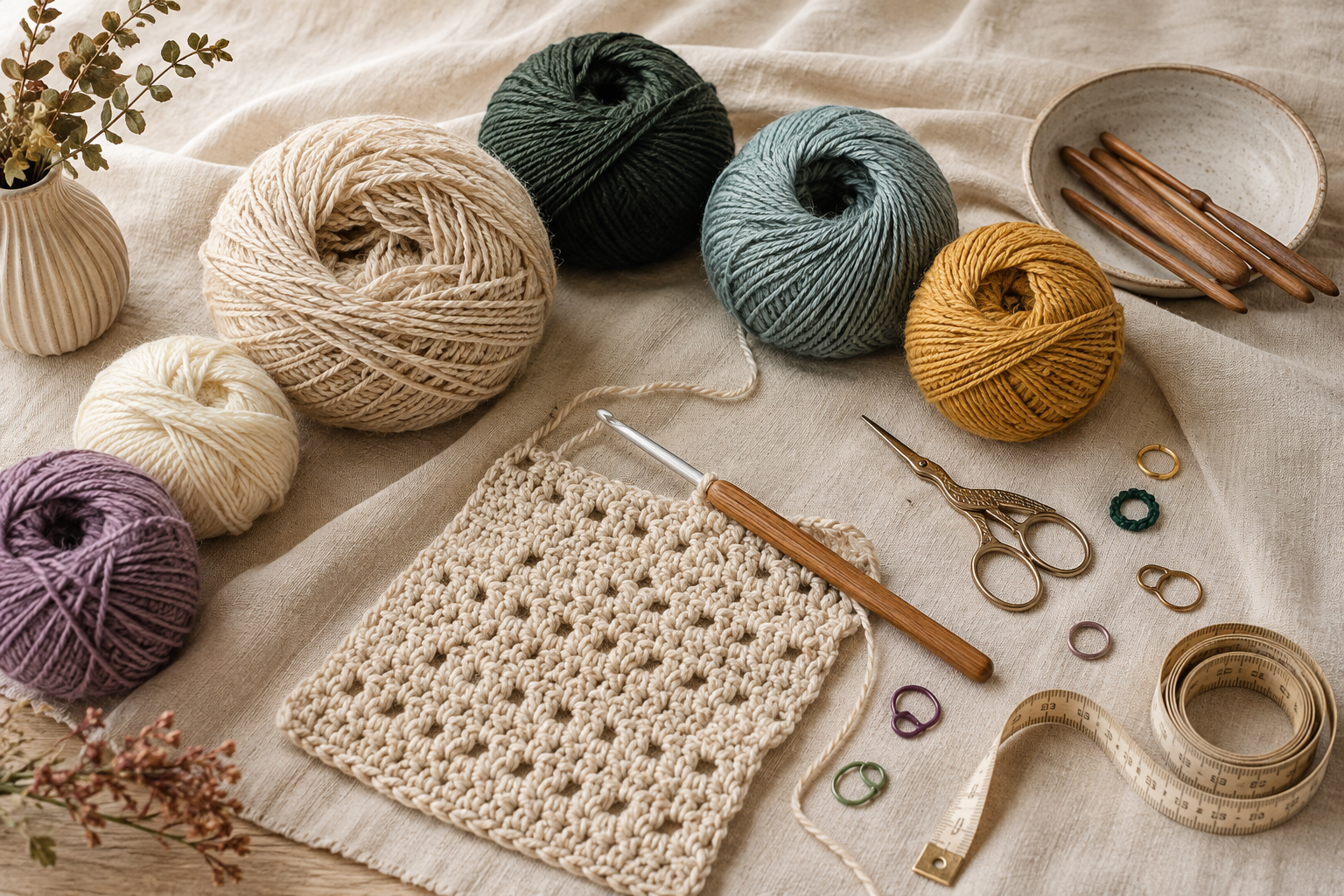 Yarn balls, crochet hooks and tools in the Leung Sai Studio workspace
